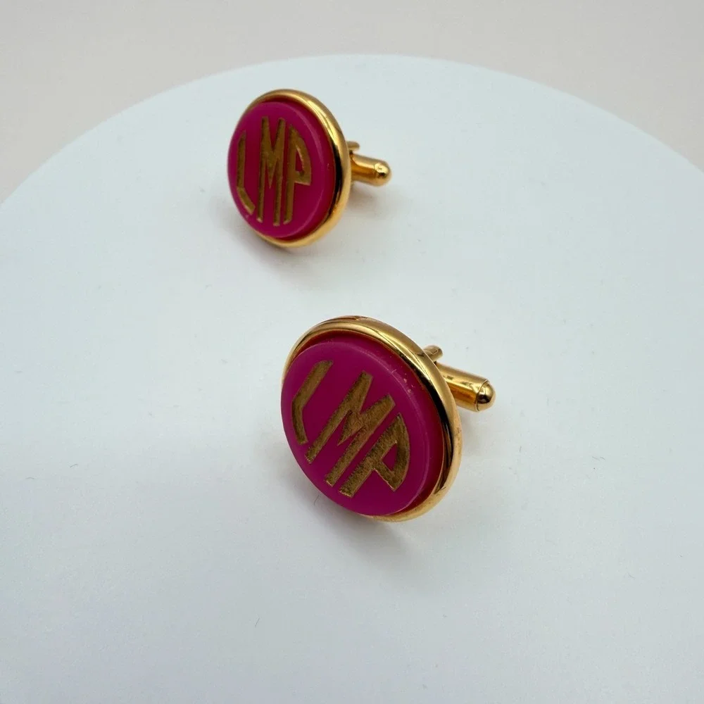 Vintage Y2K Gold Tone Pink Enamel Monogram Cufflinks LMP Initial Men's Jewelry